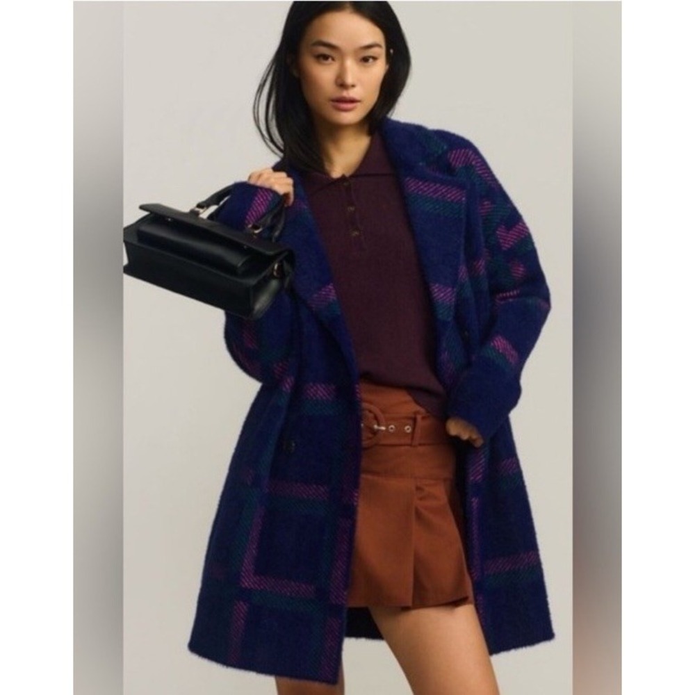 Anthropologie NVLT Eyelash Plaid Fuzzy Knit Coat Womens Small Purple Blue